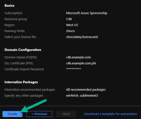 C4B Azure Environment package review + create step
