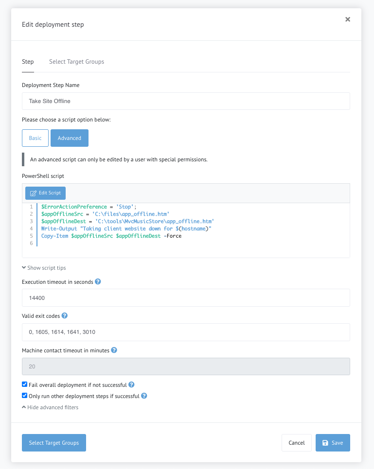 Edit Deployment Step - Advanced Script