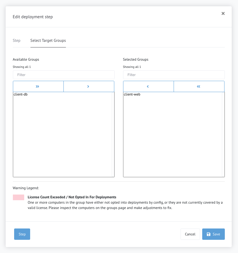 Edit Deployment Step - Select Target Groups