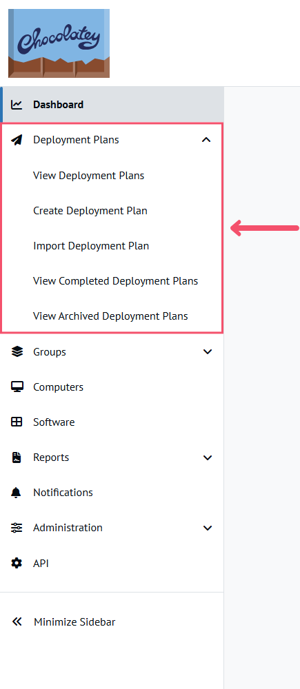 Left navigation menu for Deployment Plans in Chocolatey Central Management