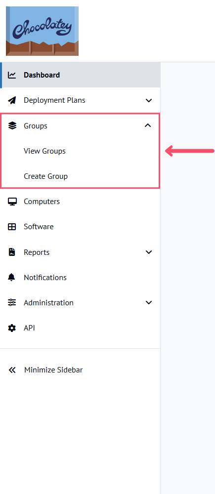 Left navigation menu for Groups in Chocolatey Central Management